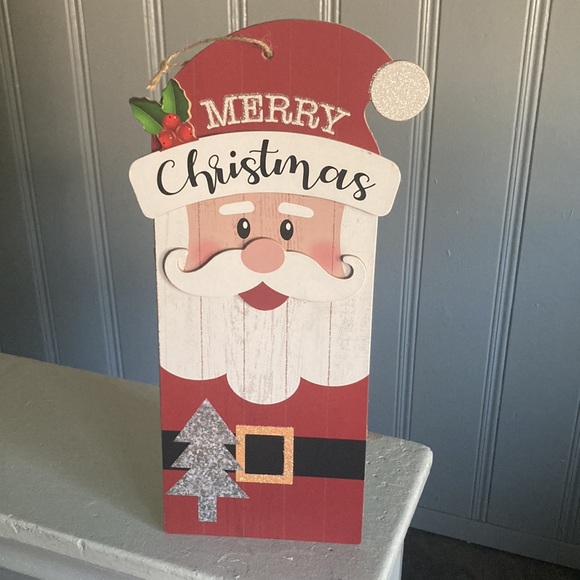 NWT Glittered Merry Christmas Santa Slatted Wooden Holiday Decoration Sign - Picture 8 of 10